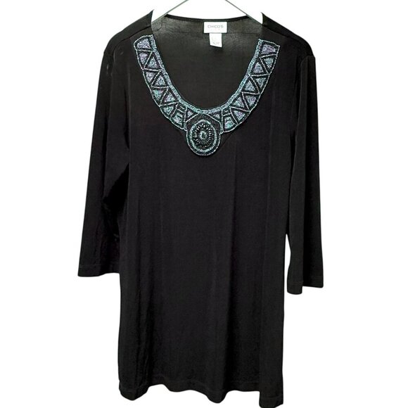 Chicos Travelers Black Beaded Slinky Tunic Large (Chicos 2) Stretch Womens Top - Picture 2 of 10